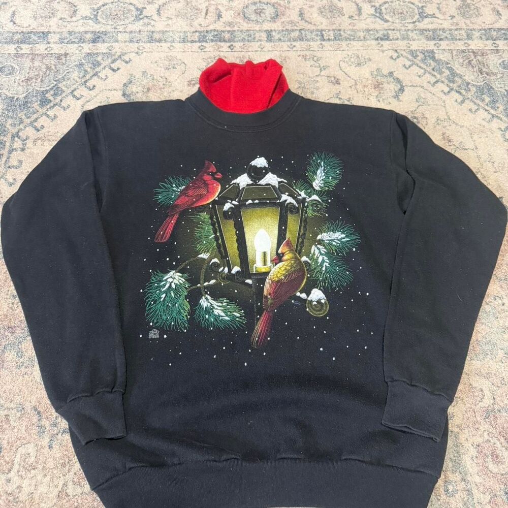 90s vintage sweater crewneck with cardinals print Nature Long neck